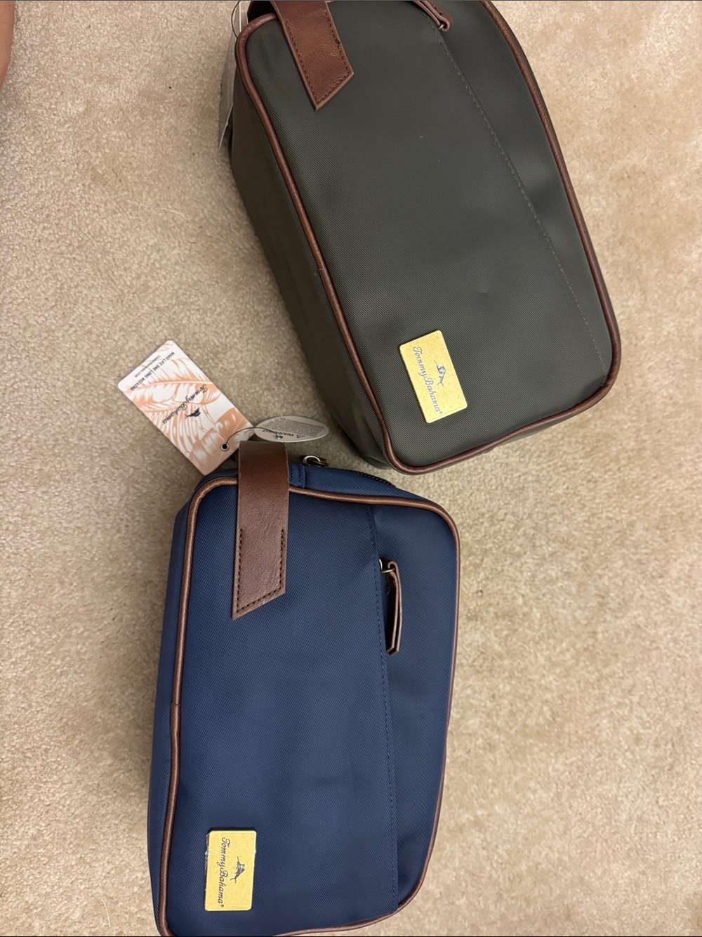 Tommy Bahama Navy and Olive Green Toiletry Bag Set with Brown Trim